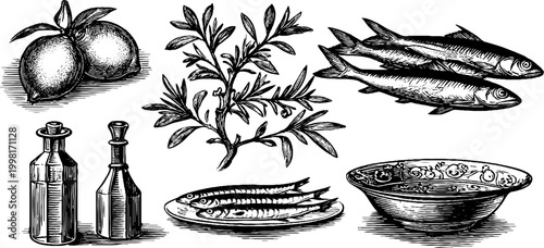 Vintage engraved lemons sardines and oil bottle clipart sheet for packaging labels background and food product design