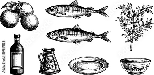 Vintage engraved lemons sardines herb bottle jug plate and bowl clipart sheet for food label design and kitchen packaging background
