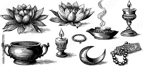 Vintage engraved clipart sheet of lotus symbols candles incense and ritual objects for spiritual design and decorative background