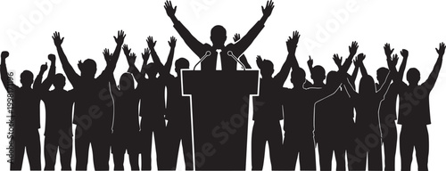 Vector silhouette illustration of a leader speaking from a podium to an excited crowd with hands raised in support.