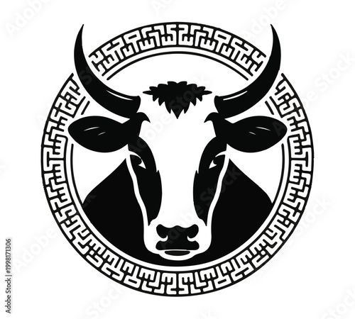 Bull Head Logo in Circular Greek Key Meander Frame Silhouette