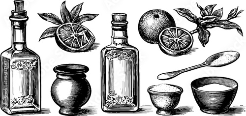 Engraved vintage mezcal bottle and citrus elements sheet with bottles cups spoons and sliced citrus for beverage label design