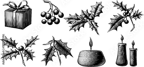 Vintage engraved mistletoe holly clusters and candle clipart sheet for holiday card packaging and seasonal design elements background