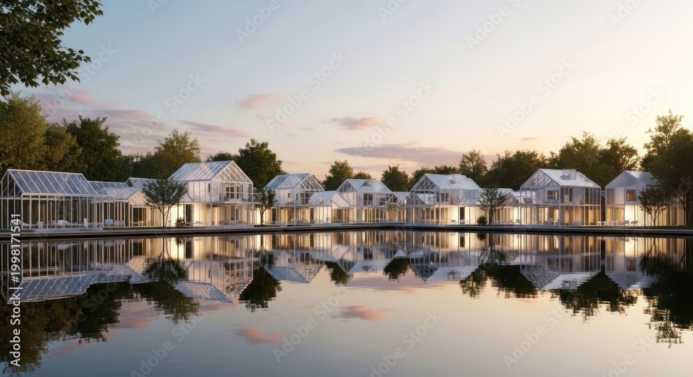 Fototapeta premium Modern white glass houses reflected in calm lake at sunset