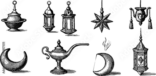 Vintage engraved moroccan lantern and crescent ornamental sheet with lamps stars and incense burners for decorative design background and pattern elements