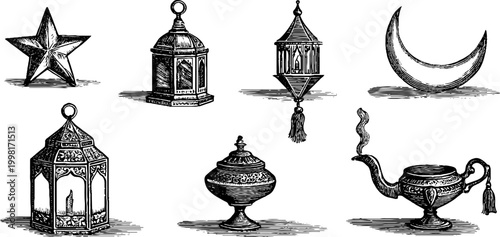 Vintage engraved moroccan lantern and crescent clipart sheet with hanging lanterns lamps stars and ornamental vessels for design background and decorative elements