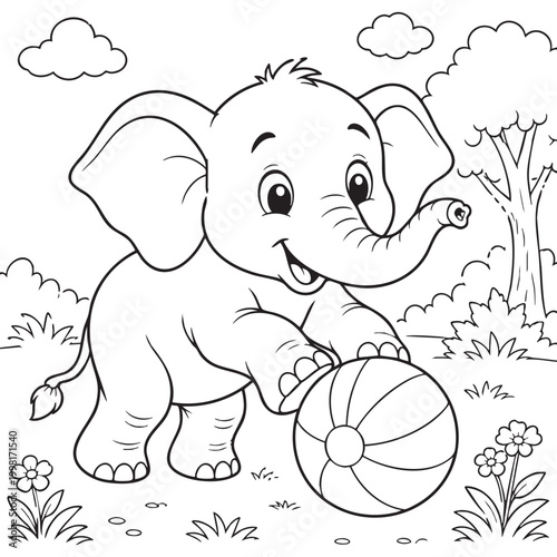Playful Elephant and Ball: A charming line art illustration of a cheerful baby elephant engaged in playtime with a striped ball, surrounded by a playful outdoor setting.