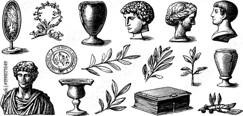 Vintage engraved museum busts and specimen collection sheet with urns coins branches and ancient artifacts for educational background and historical design