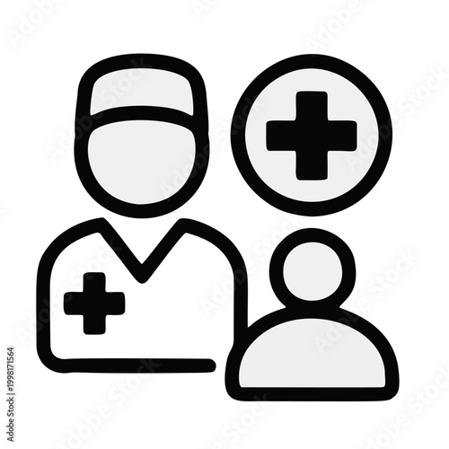 Simple Flat Line Art Icon Representing Medical Professional Assisting Patient With Healthcare Plus Symbol