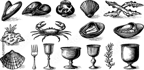 Vintage engraved mussel shells and crab claw with goblets shells and utensils sheet for packaging menu and background design