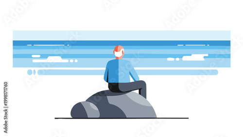 Man Sitting On Rock Overlooking Blue Horizon, Contemplation & Serenity Concept