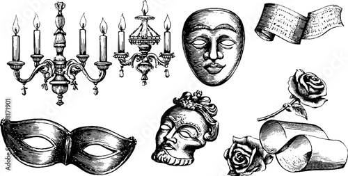 Vintage engraved opera masks and chandeliers clipart sheet for theatrical background and poster design