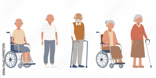 Diverse elderly people with mobility aids vector illustration