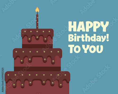 chocolate birthday cake illustration with lit candle and text