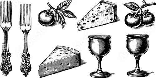Vintage engraved clipart sheet of forks cheese tomatoes and wine goblets for culinary labels menu backgrounds and food design elements