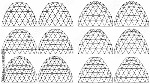 Wireframe domes grid geometric shapes on white background