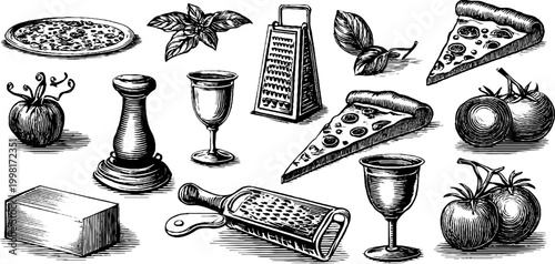 Vintage engraved pizza slice and basil clipart sheet with grater cheese block tomatoes and wine glass for menu design and culinary backgrounds
