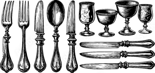 Vintage engraved forks knives spoons and goblets clipart sheet with ornate handles for tableware layouts banquet menus and elegant background decoration