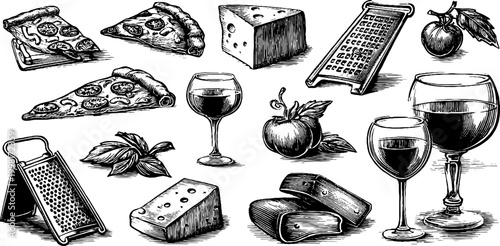 Vintage engraved pizza and cheese clipart sheet with wine glasses basil wedges and grater for restaurant menu layouts and food packaging backgrounds