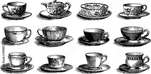 Vintage engraved porcelain cups and saucers clipart sheet with teacups and plates for antique china pattern and tableware design
