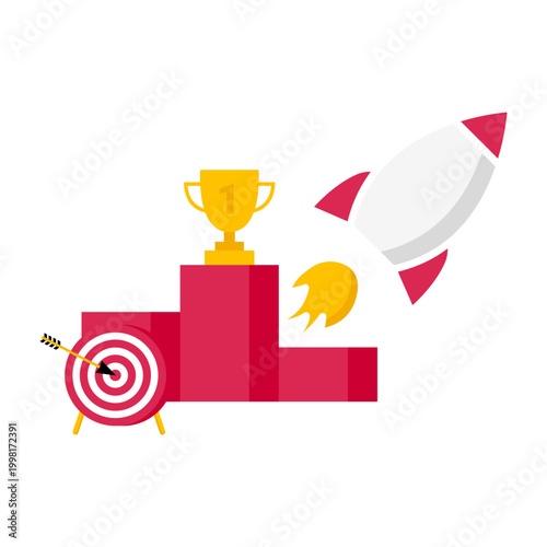 Startup launch and business success concept with rocket pedestal cup and target. Achievement goal motivation and strategy leadership symbol. Creative winning project growth. Vector EPS 10.