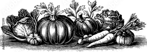 Vintage engraved still life of pumpkins carrots cabbages and greens arranged on a surface for rustic banner and packaging design