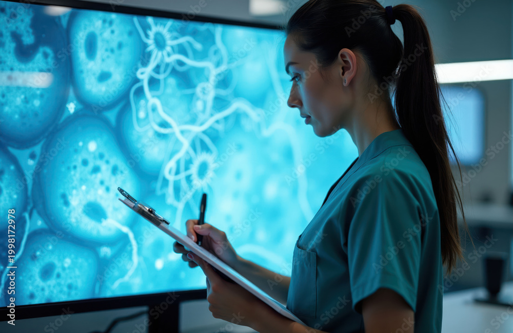 Fototapeta premium Young female scientist reviews cell images on a large monitor. She holds a clipboard and pen, examining magnified biological structures in a lab setting, focused on research.
