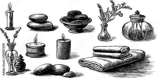 Vintage engraved spa clipart sheet with stacked towels bowls stones vases candles and eucalyptus for wellness background and product design