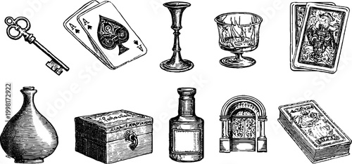 Vintage engraved speakeasy keys whiskey and glassware clipart sheet for bar background and label poster design