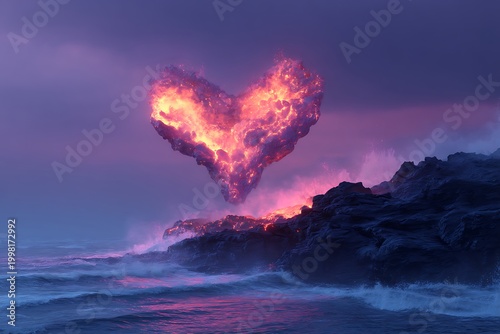 Molten lava in the shape of a heart emerges from the rocky terrain, set against the backdrop of cool ocean waves and a vibrant purple sky, symbolizing passionate contrasts in nature.