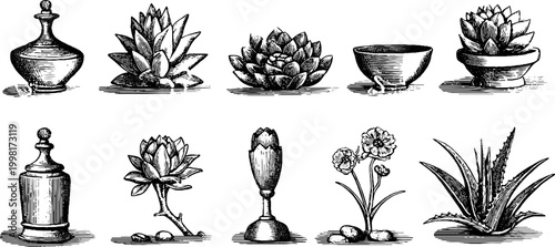 Vintage engraved clipart sheet of succulent rosettes and decorative vessels for botanical background and vintage poster design