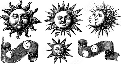Vintage engraved sun faces and moon phases sheet for celestial design elements and ornamental banner background