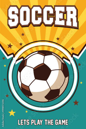 Vintage Soccer Sports Banner Illustration with Stylized Football and Sunburst Background for Athletic Event Promotion