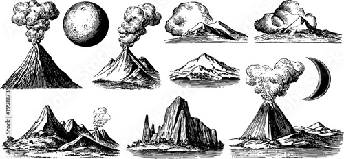 Vintage engraved clipart sheet of volcanoes with plumes and moons for design elements and background decoration in black and white etching style