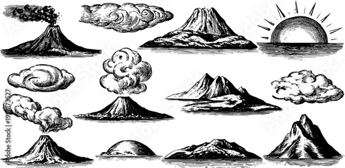 Vintage engraved clipart sheet of volcanic peaks plumes clouds and rising sun for decorative elements and banner backgrounds in monochrome etching style