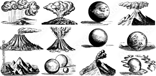 Vintage engraved clipart collection of erupting volcanoes plumes moons and spherical planets for design assets and background illustrations in black ink etching