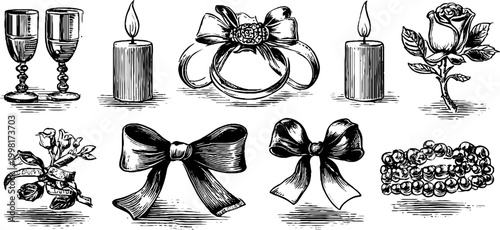 Vintage engraved wedding glasses candles rings bows and pearl bracelet sheet for invitation design and ceremony decor