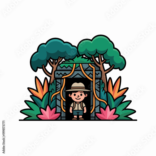 Cartoony Explorer Standing in Cave Entrance Surrounded by Jungle Foliage