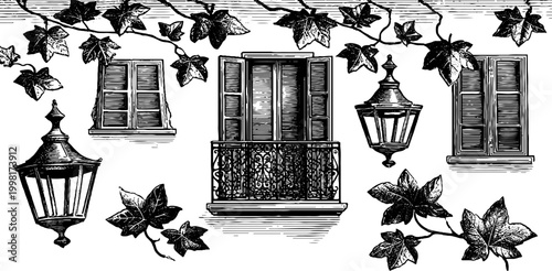 Vintage engraved composition of shutters windows balcony lanterns and climbing ivy for design background and decorative architectural elements