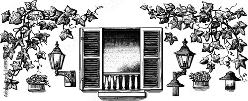 Vintage engraved open window with shutters surrounded by ivy lanterns and planters for decorative background and banner design