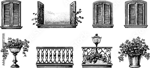 Vintage engraved assorted window shutters balustrades urns and flowerpots sheet for decorative architectural background and pattern design