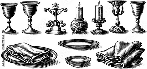 Vintage engraved wine goblets candlesticks plates napkins and folded cloth clipart sheet for tableware setting and menu background design