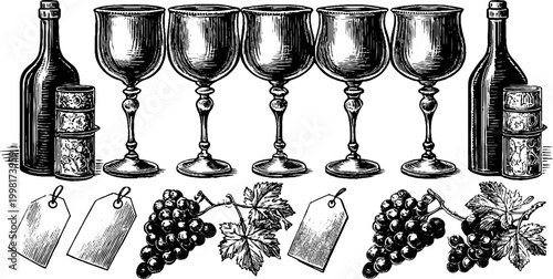 Vintage engraved wine tasting glasses bottles grapes and price tags clipart sheet for label menu tasting room and packaging design