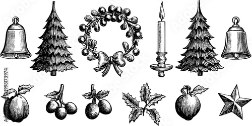 Vintage engraved winter fir wreaths bells holly berries candle and star clipart sheet for christmas holiday card decoration and label design