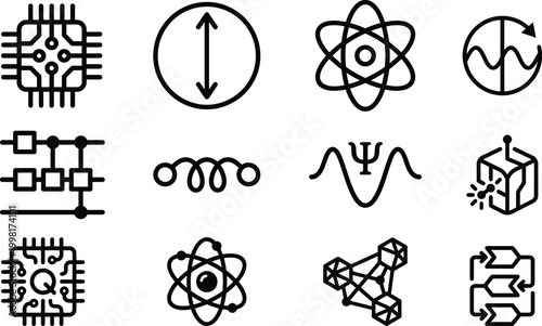 Technology and science icons set with ai chip neural network atom data symbols outline vector collection isolated on light background