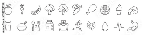 Healthy food, nutrition and wellness icon set – editable outline symbols of fruits, vegetables, running, milk, heartbeat, water and healthy lifestyle