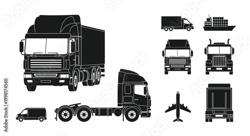 A collection of black silhouettes representing various transport modes, including trucks, a plane, and a ship, on a light background.