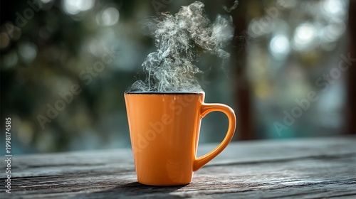 A steaming orange mug placed on a wooden table, its warmth contrasting with a blurred natural background, evoking a sense of coziness