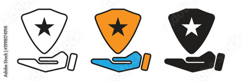 Hand Holding Security Shield Vector Icon. Hand gesture holding a safety shield with star symbol icons, representing premium security services, protection insurance, and reliable customer care.