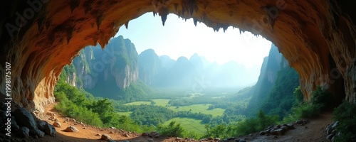 View from cave opening shows green valley mountains. Explore karst landscape with jungle forest and bright sunlight. Scenic natural environment with deep blue sky.